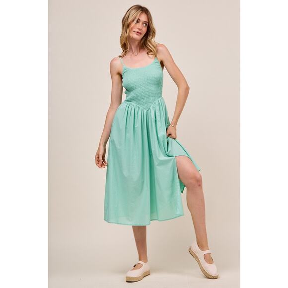 So Me Smocked Design Sleeveless Adjustable Spaghetti Strap Everyday Dress | Sage - Picture 5 of 7